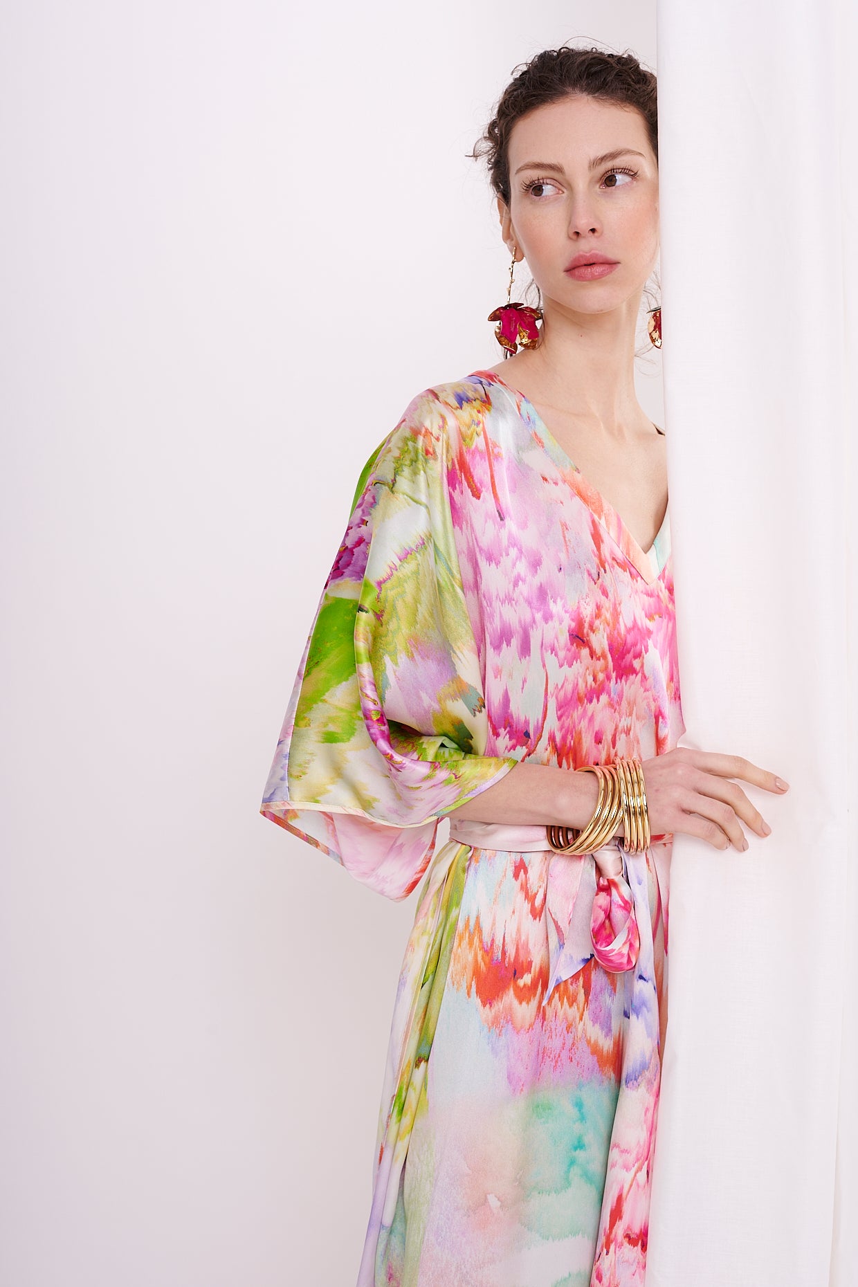 kaftan with belt satin silk